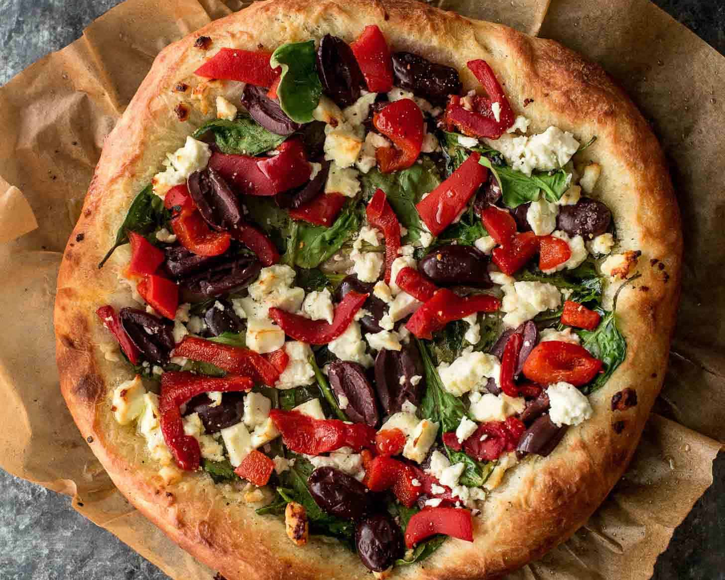 Pizza with Spinach, Tomato, Feta and Olives